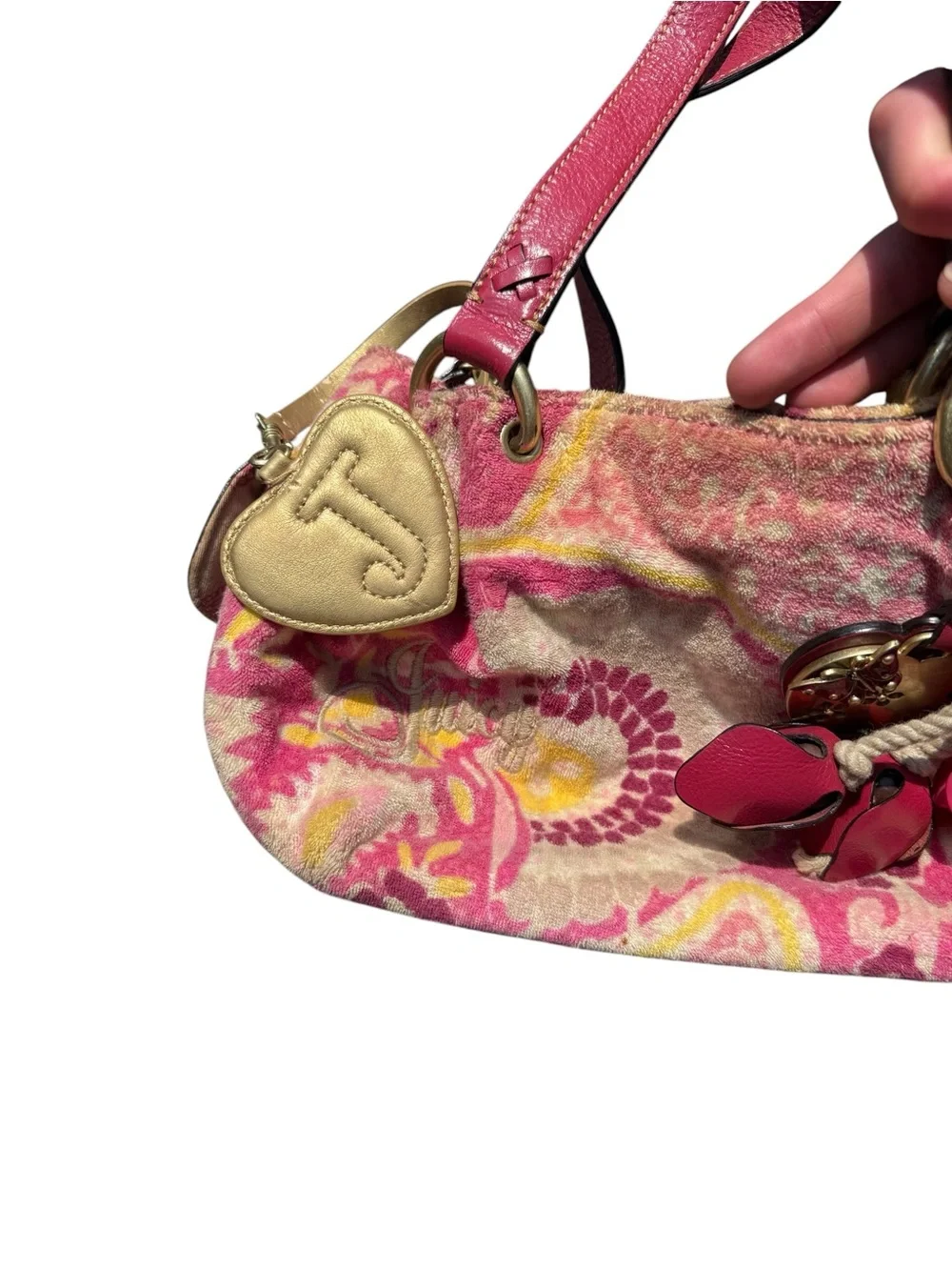 Vintage Juicy Couture Pink Y2K Floral Terrycloth Shoulder Bag Lux Charms